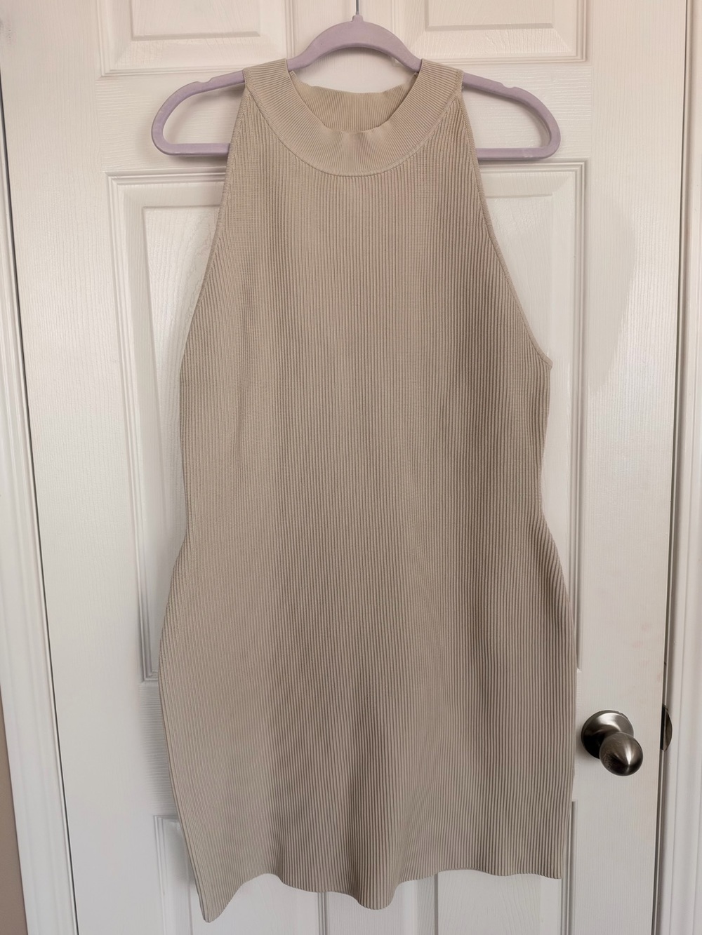 Babaton Aritzia Ribbed Halter Mini Bodycon Dress in Beige